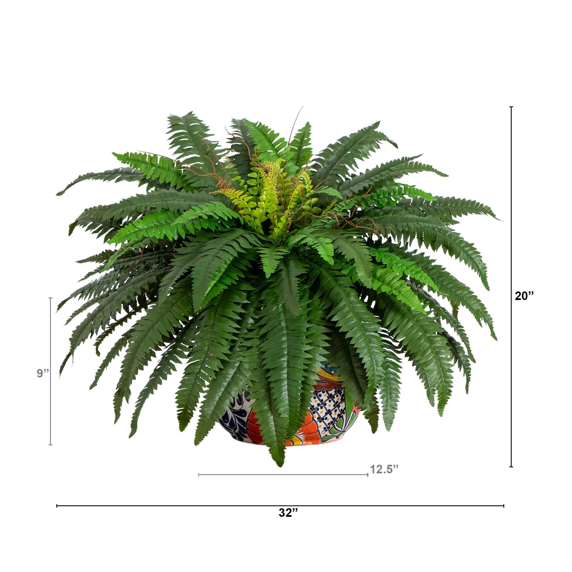3.5ft Artificial Double Boston Fern in Handmade Mexican Talavera Ceramic Planter